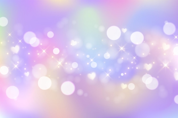 Rainbow unicorn background Gradient sky with glitter bokeh Magic galaxy space with stars and hearts