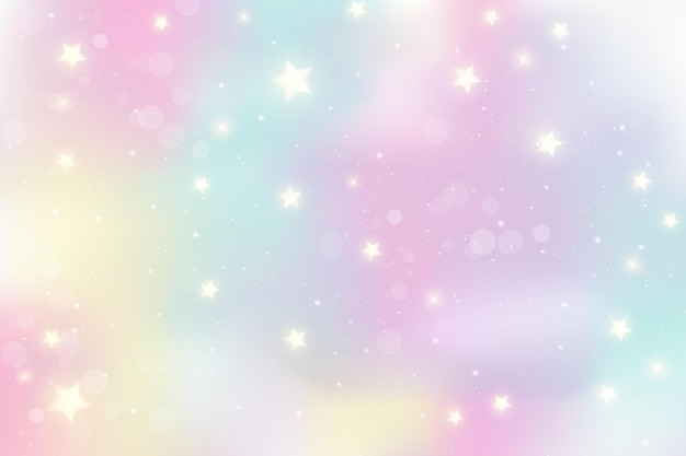 Vector rainbow unicorn background holographic illustration in pastel colors cute wallpaper with stars