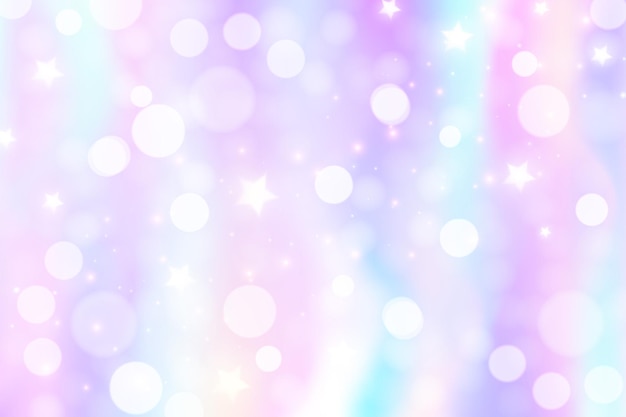 Vector rainbow unicorn background. pastel gradient color sky with glitter and bokeh. magic galaxy space and stars. vector abstract pattern.