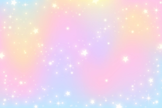 레인보우 유니콘 배경 반짝이는 마법의 은하 공간과 별이 있는 파스텔 그라데이션 색 하늘