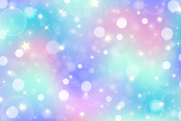 Rainbow unicorn background Pastel gradient color sky with glitter stars and bokeh Magic galaxy space