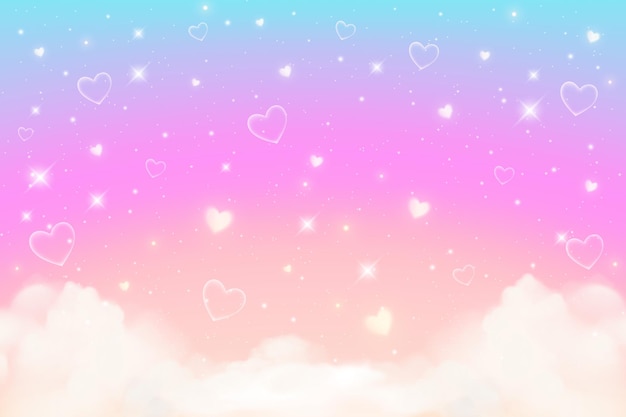 Rainbow unicorn background with clouds hearts and stars Pastel color sky Magical pink landscape