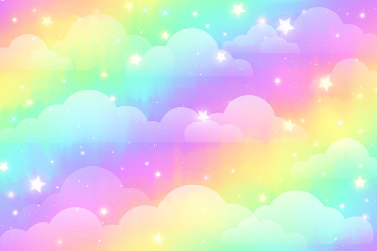 Vector rainbow unicorn background with clouds and stars pastel color sky magical abstract pattern