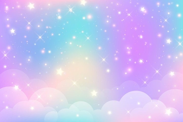 Vector rainbow unicorn background with clouds stars pastel color sky magical landscape abstract pattern