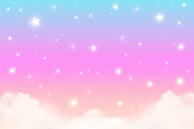 구름과 별이 있는 무지개 유니콘 배경 파스텔 색상 하늘 마법의 분홍색 풍경 파노라마