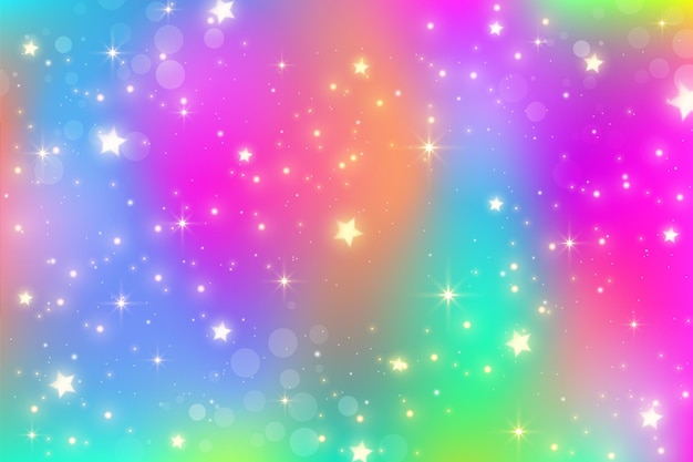 Rainbow unicorn fantasy background with bokeh and stars Holographic bright multicolored sky