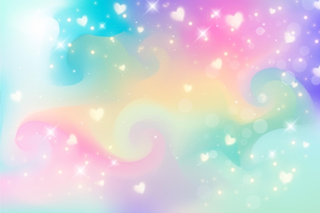 Vettore sfondo fantasia unicorno arcobaleno con cuori e stelle illustrazione olografica in colori pastello