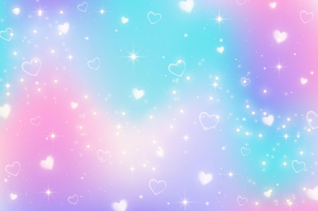 rainbow unicorn fantasy background with stars and hearts holographic colors bright multicolored sky