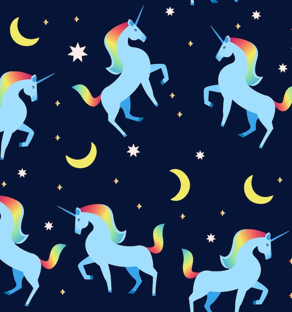 Illustrazione di unicorni arcobaleno su sfondo scuro con luna e stelle. modello senza cuciture