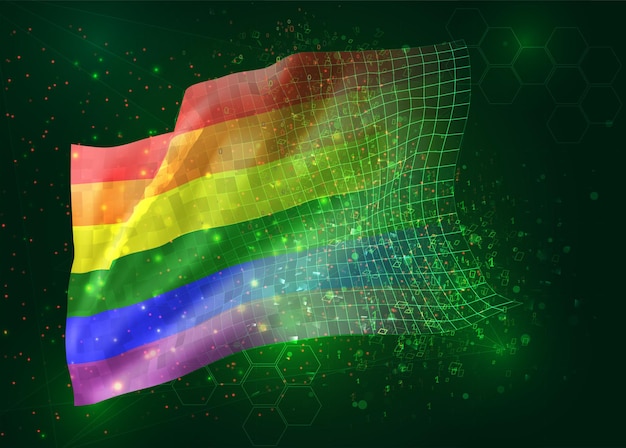 Rainbow on vector 3d flag on green background with polygons and data numbers