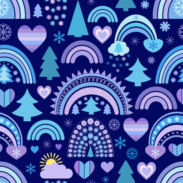레인 보우 벡터 크리스마스 완벽 한 패턴입니다. 겨울, 새해, 크리스마스를 주제로 한 디자인의 멋진 배경. 플랫 귀여운 아기 일러스트