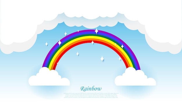 Rainbow with clouds agains blue sky background paper cut design