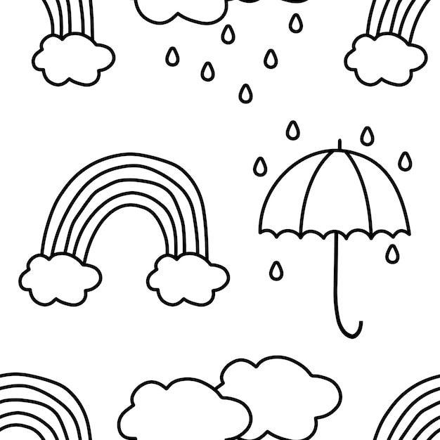 Вектор Радуга с облаками и зонтиком в стиле рисунка