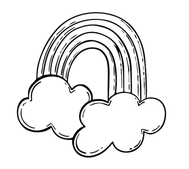 Vector rainbow with clouds doodle linear