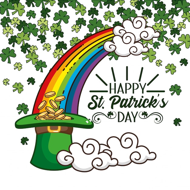 rainbow with clouds and gold coins inside hat with clovers