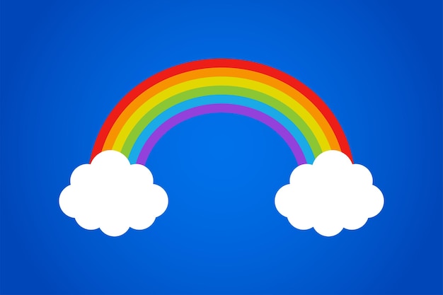 青いグラデーションの背景に雲と虹。ベクトル分離イラスト。抽象的な形。虹のベクトルのアイコン。ヴィンテージの装飾的な要素。 eps 10