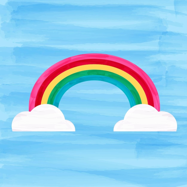 Rainbow with clouds on sky background watercolor vector