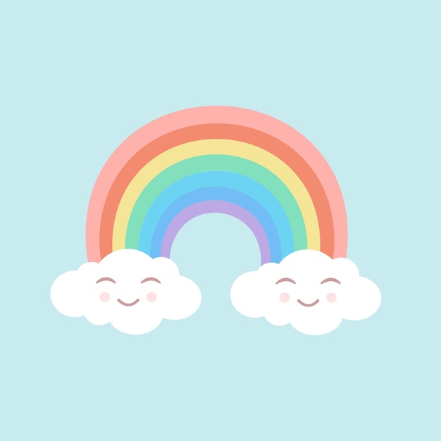 Rainbow with cute clouds on an isolated blue background