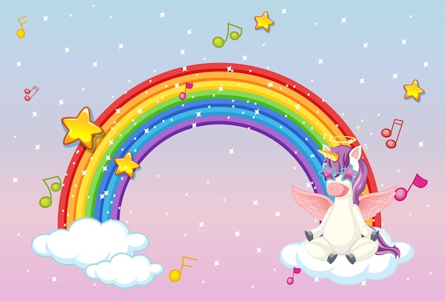 Arcobaleno con unicorno carino o pegaso sul cielo pastello