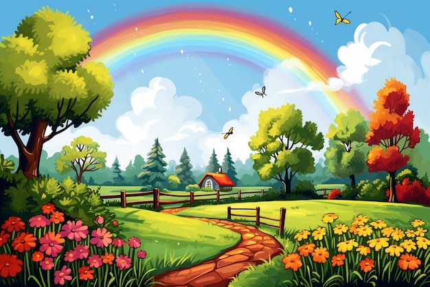ミニマリストの背景のスタイルで庭に花と虹
