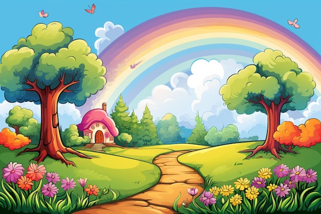 rainbow with flowers in the yard in the style of minimalist backgrounds