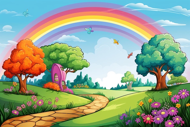 rainbow with flowers in the yard in the style of minimalist backgrounds