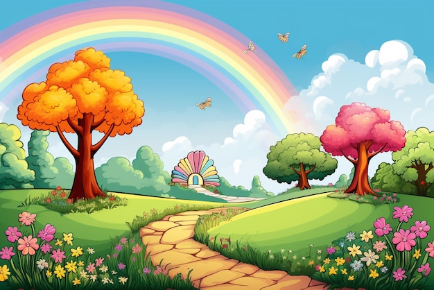 ミニマリストの背景のスタイルで庭に花と虹
