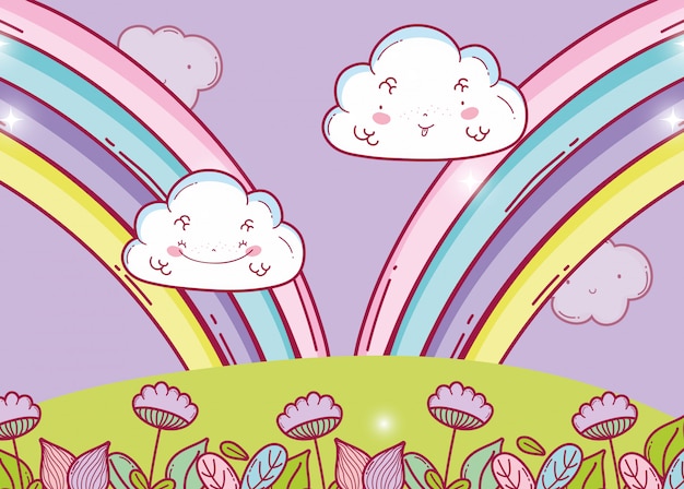 Rainbow with happy fluffy clouds and flowers