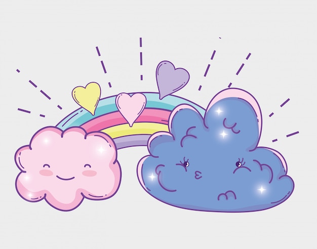 Vector rainbow with kawaii clouds fluffy and hearts