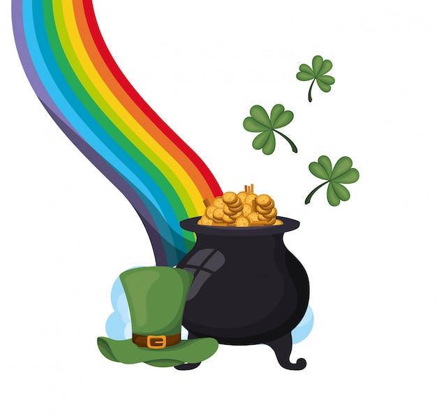 Vector rainbow with leprechaun cauldron isolated icon