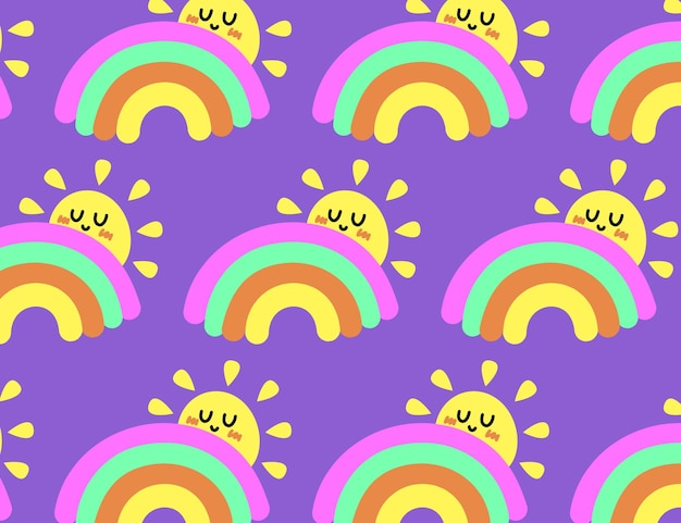 Premium Vector | Rainbow with sun seamless pattern cartoon vector ...