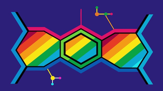 Vettore un'illustrazione a colori arcobaleno della molecola di ketamina che rappresenta il suo effetto psichedelico e alteratore dell'umore