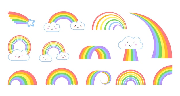 Rainbows Cartoon flat rainbow icons funny symbol with kawaii face clouds Kids weather symbols isolated colorful arc and tail with star vector set