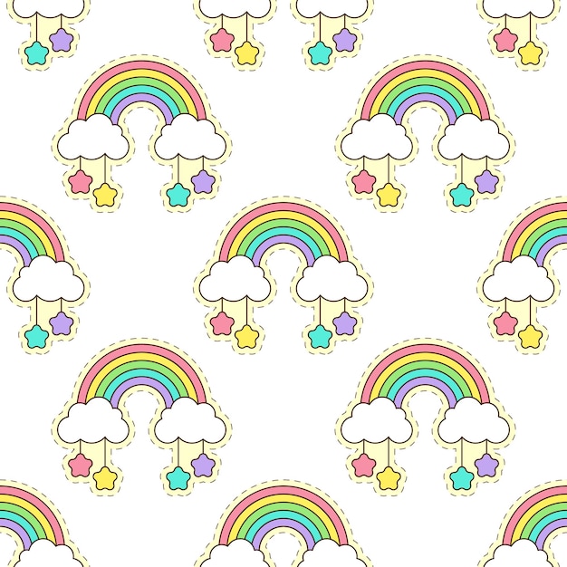 Vector rainbows clouds and stars vector seamless pattern with cute cartoon elements