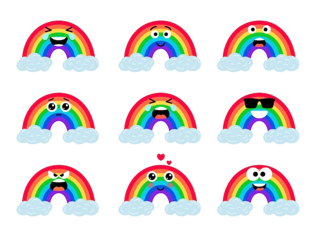 Facce buffe di arcobaleni. simpatico personaggio arcobaleno con gli occhi sulle nuvole, kawaii sorridente fiocco di pioggia set illustrazione vettoriale colorato, collezione emoji arco iris pioggia multicolore isolata su sfondo bianco