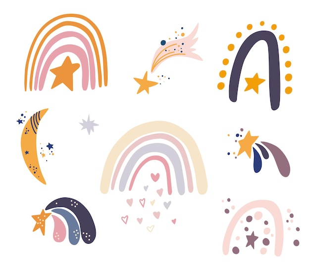 虹と星。自由奔放に生きる要素のセット。かわいいキッズ保育園コレクション。スカンジナビアデザイン。壁紙、ファブリック、ラッピング、アパレルの漫画の虹。ベクトルイラスト。