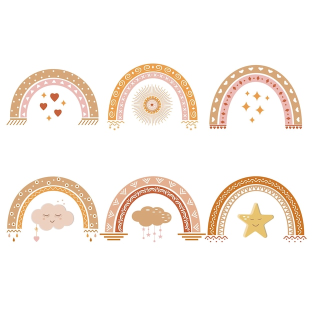 Vector rainbows with a boho pattern, vector illustration