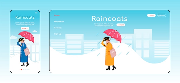 Raincoats landing page  color  template. mobile display. rainywear homepage layout. fashionable woman one page website interface, cartoon character. rainy day web banner, webpage