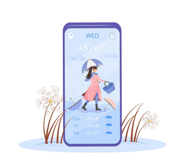 Rainfall forecast cartoon smartphone app screen. plan outfit for rain and storm. mobile phone display with flat character design . autumn weather application telephone interface