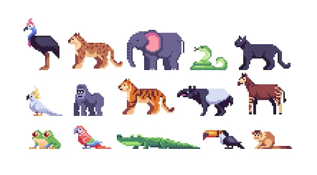 Set di pixel art degli animali della foresta pluviale. collezione di animali selvatici amazzonici. fauna tropicale, specie esotiche