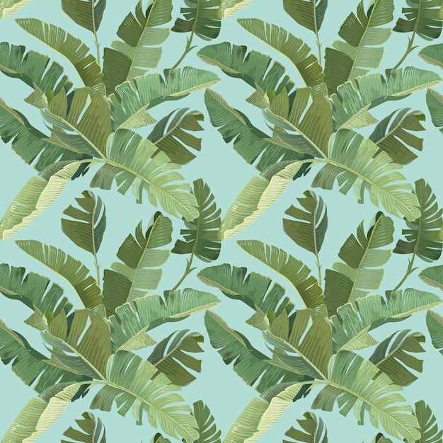 Ornamento decorativo per carta da parati della foresta pluviale con foglie di palma e rami di banana tropicale verde. carta, design tessile, motivo senza cuciture, stampa botanica tropicale su sfondo blu. illustrazione vettoriale