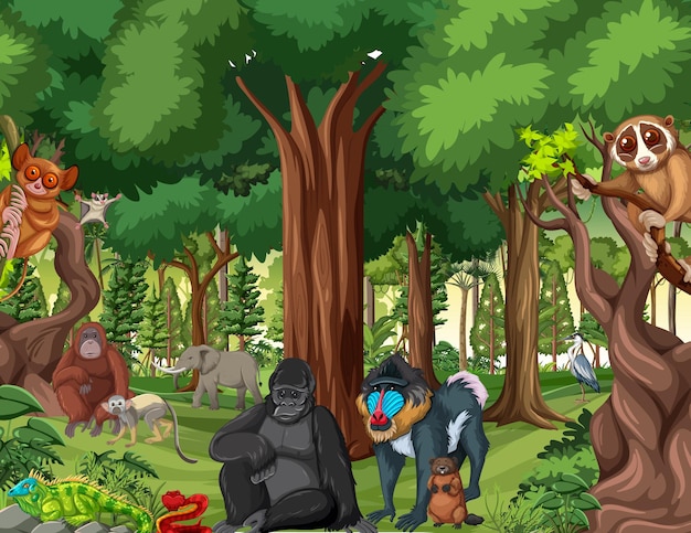 Rainforest scene with wild animals