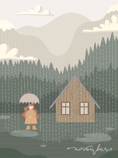 Raining vector illustration with girl and umbrella Mountain cabin and November lettering