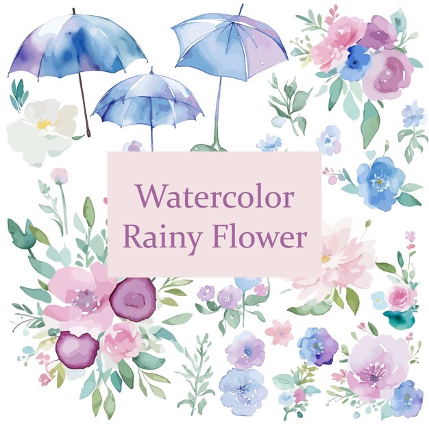 ベクトル 雨の水彩画の花と傘