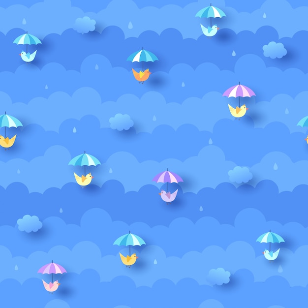 Rainy blue pattern with cloud and umbrella birds