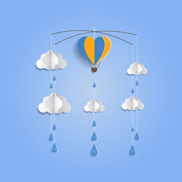 ベクトル ペーパーカットスタイルを使用した雨雲とエアバルーンのベクトル図