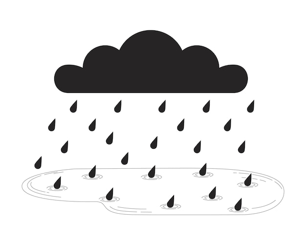 Rainy cloud falling raindrops black and white 2D line cartoon object