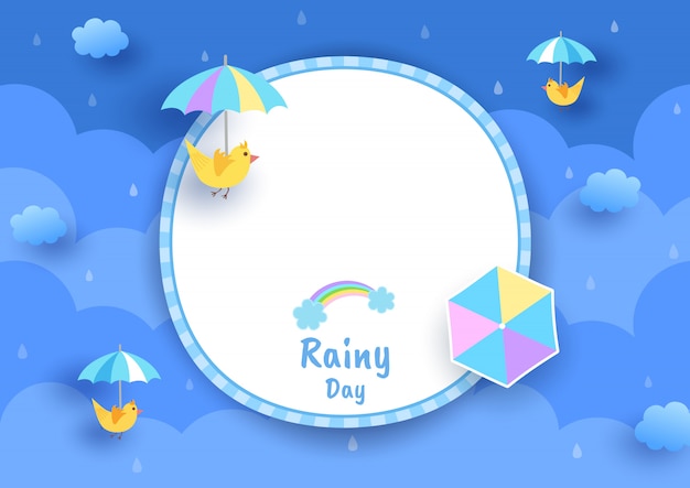 Rainy day background with umbrella and bird on circle frame template