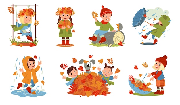 Rainy day children Funny kids play with foliage Outdoor leisure games Autumn weather Cute girls and boys in warm clothes with umbrellas Happy little persons walking in park Splendid vector set