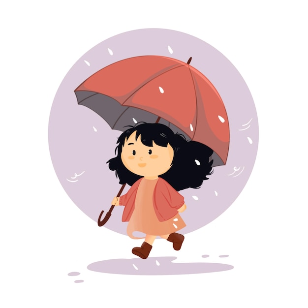 rainy day cute little girl carrying umbrella running in rainy season